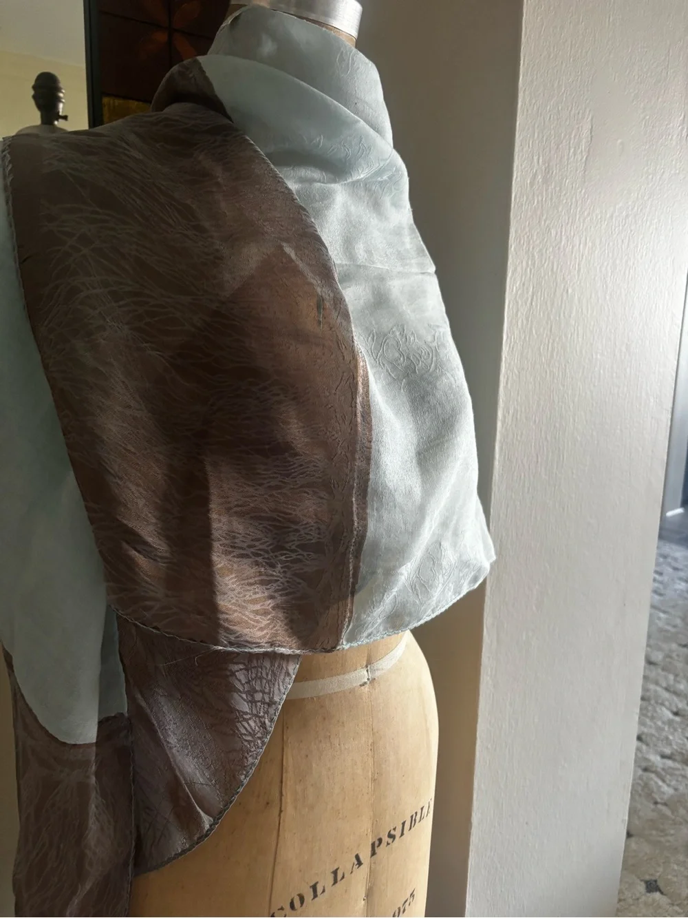 Light Blue and Taupe Raw Silk Scarf, Hand Loom, slightly imperfect